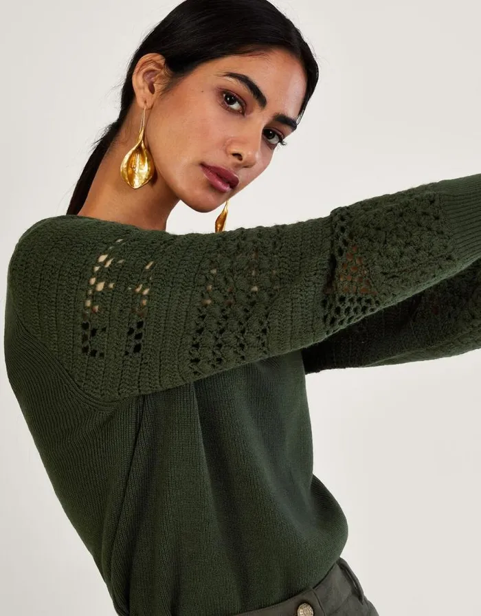 Monsoon Crochet Sleeve Jumper Green Women Knitwear Monsoon Crochet Sleeve Jumper Green Women Knitwear