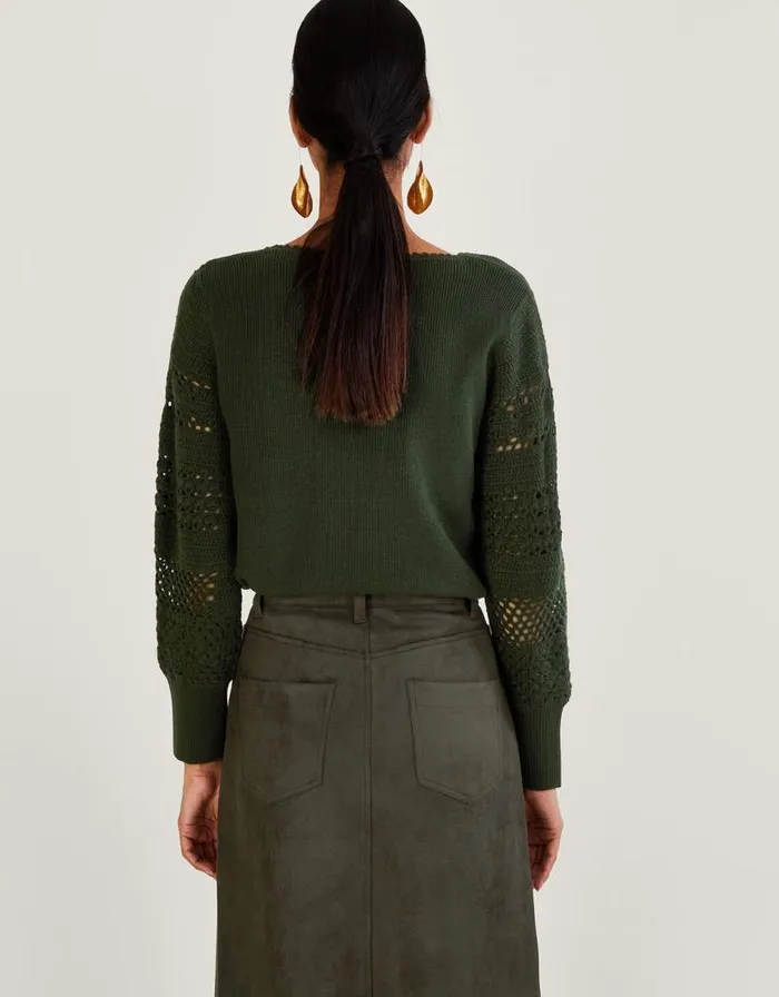 Monsoon Crochet Sleeve Jumper Green Women Knitwear Monsoon Crochet Sleeve Jumper Green Women Knitwear
