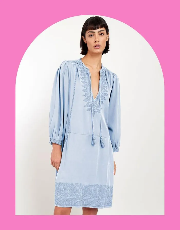 Monsoon East Embroidered Long Sleeve Dress Blue Women Summer Dresses