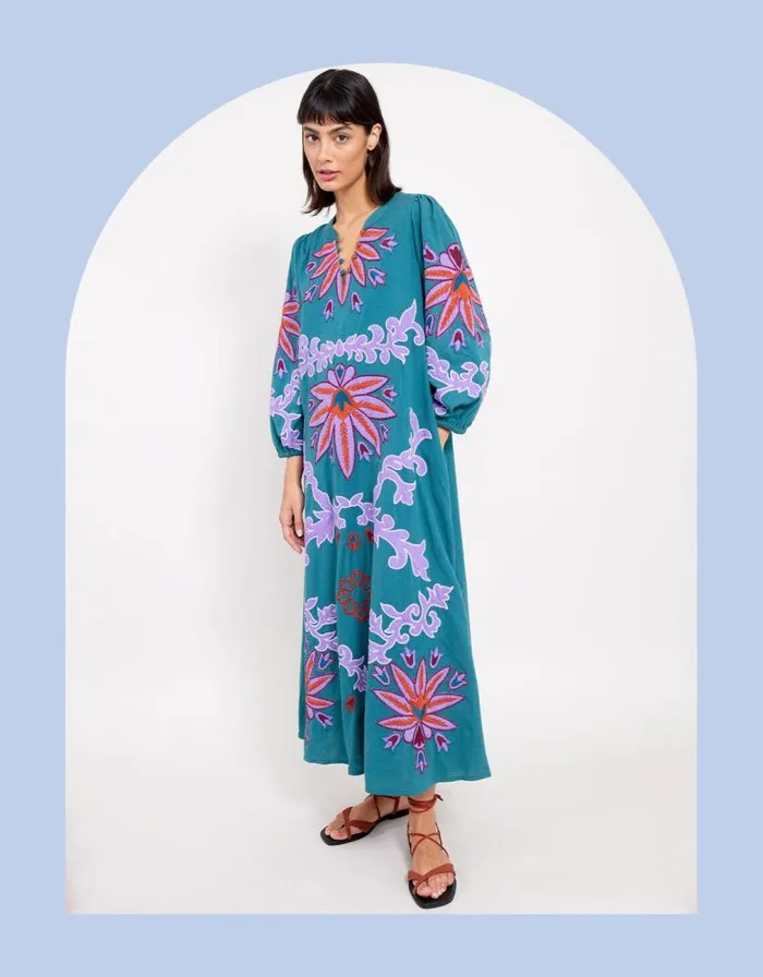 Monsoon East Taylor Embroidered Dress Teal Women Day Dresses