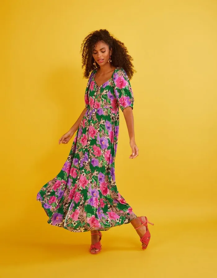 Monsoon Effie Print Tea Dress In Sustainable Viscose Camel Women Occasionwear