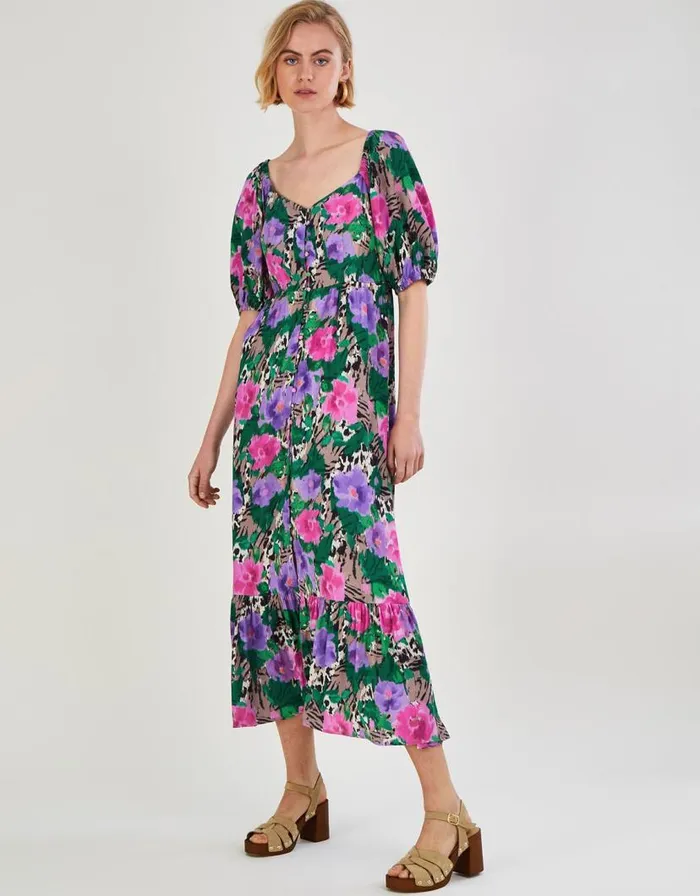 Monsoon Effie Print Tea Dress In Sustainable Viscose Camel Women Occasionwear Monsoon Effie Print Tea Dress In Sustainable Viscose Camel Women Occasionwear