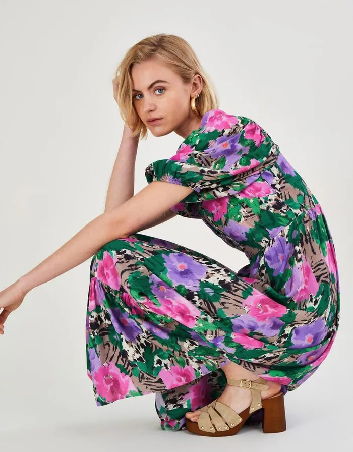 Monsoon Effie Print Tea Dress In Sustainable Viscose Camel Women Occasionwear Monsoon Effie Print Tea Dress In Sustainable Viscose Camel Women Occasionwear