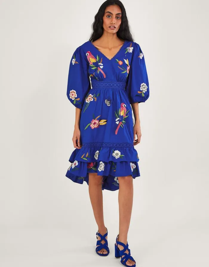 Monsoon Ellie Embroidered Tiered Hem Dress Blue Women Occasionwear