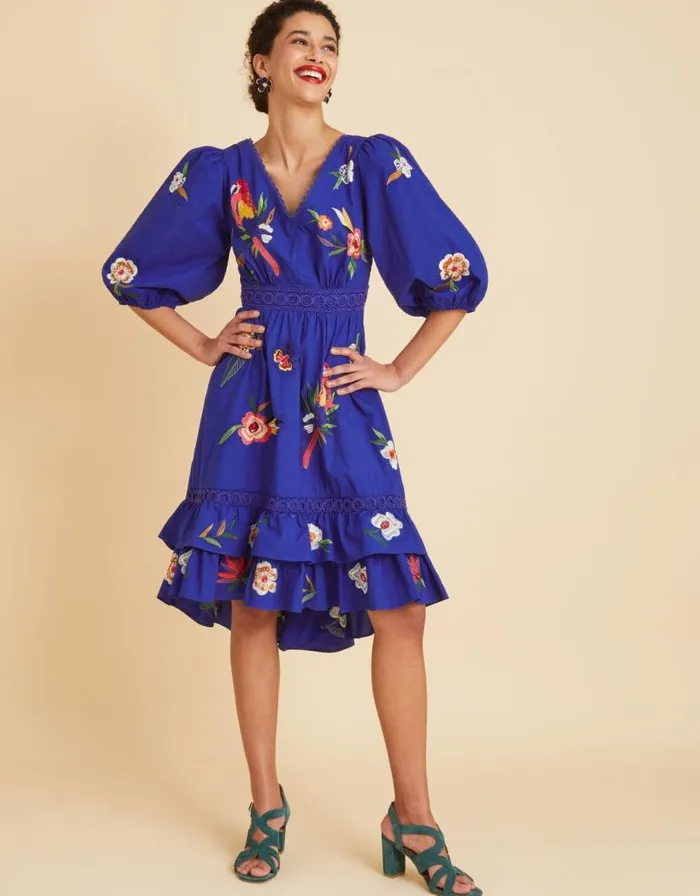 Monsoon Ellie Embroidered Tiered Hem Dress Blue Women Occasionwear Monsoon Ellie Embroidered Tiered Hem Dress Blue Women Occasionwear