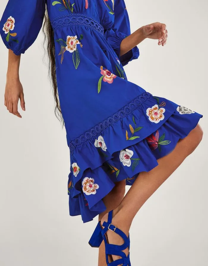 Monsoon Ellie Embroidered Tiered Hem Dress Blue Women Occasionwear Monsoon Ellie Embroidered Tiered Hem Dress Blue Women Occasionwear