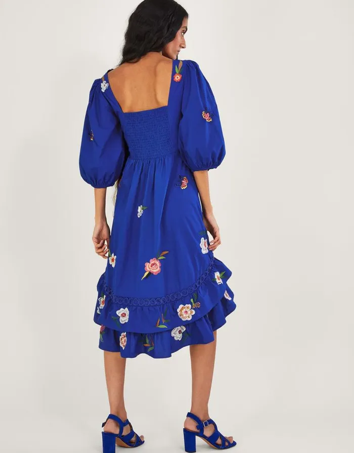 Monsoon Ellie Embroidered Tiered Hem Dress Blue Women Occasionwear Monsoon Ellie Embroidered Tiered Hem Dress Blue Women Occasionwear
