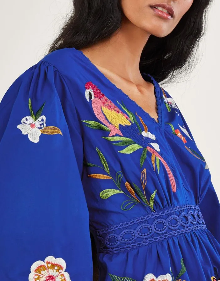 Monsoon Ellie Embroidered Tiered Hem Dress Blue Women Occasionwear Monsoon Ellie Embroidered Tiered Hem Dress Blue Women Occasionwear