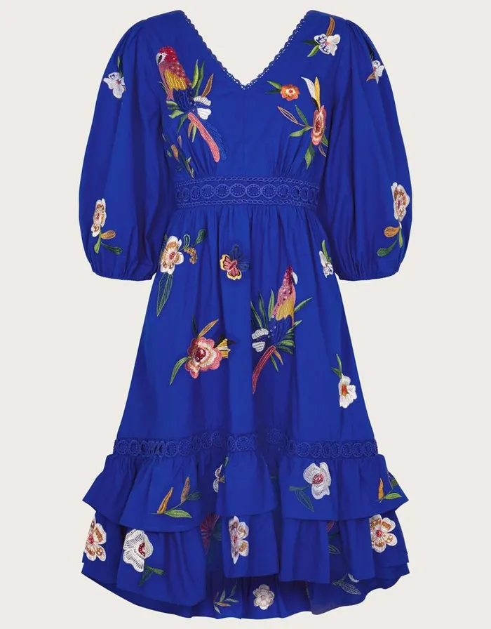 Monsoon Ellie Embroidered Tiered Hem Dress Blue Women Occasionwear Monsoon Ellie Embroidered Tiered Hem Dress Blue Women Occasionwear