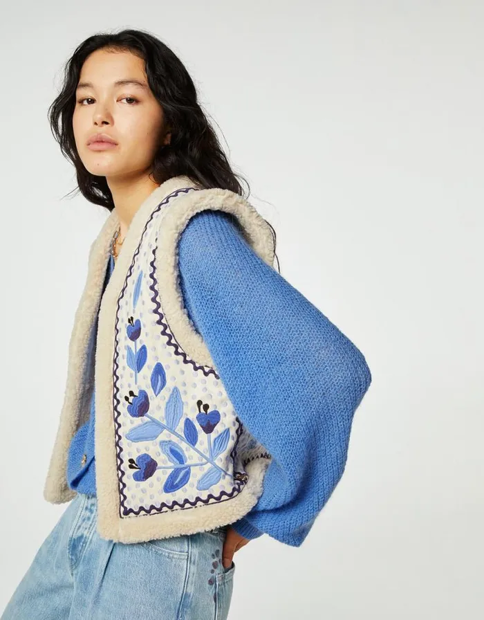 Monsoon Fabienne Chapot Embroidered Borg Gilet Blue Women Jackets Monsoon Fabienne Chapot Embroidered Borg Gilet Blue Women Jackets