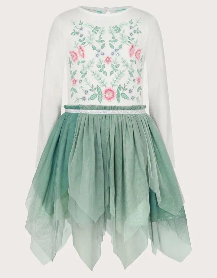 Monsoon Floral Embellished Tulle Long Sleeve Disco Dress Green Children Dresses