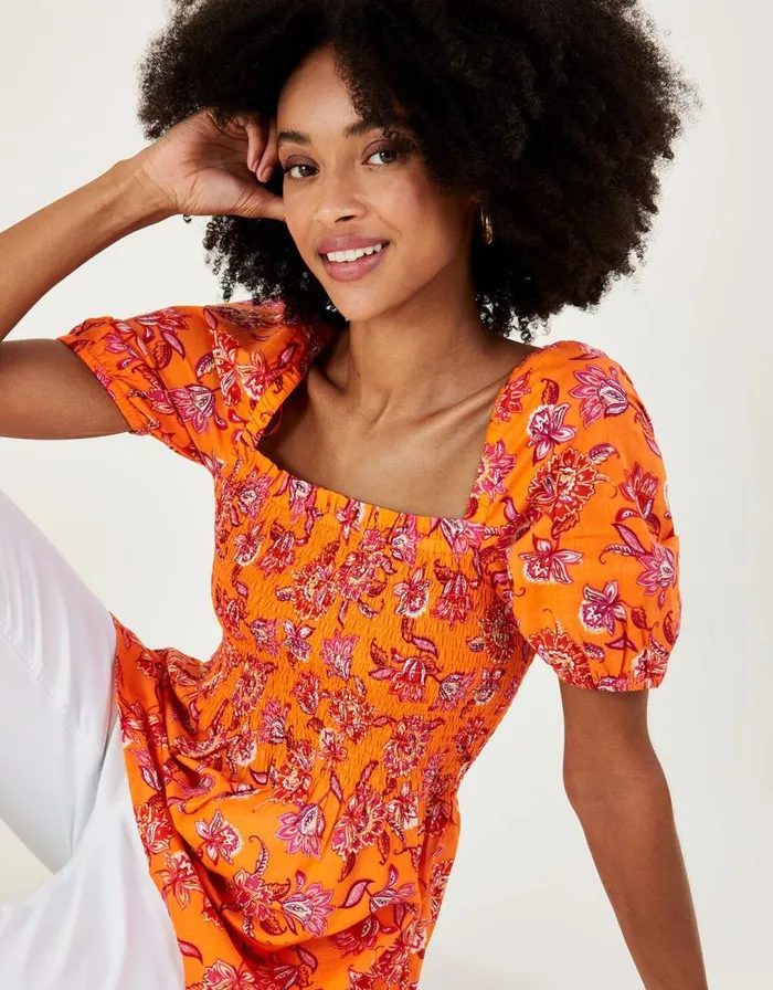 Monsoon Floral Print Shirred Bodice Top In Sustainable Cotton Orange Women Tops and Blouses Monsoon Floral Print Shirred Bodice Top In Sustainable Cotton Orange Women Tops and Blouses