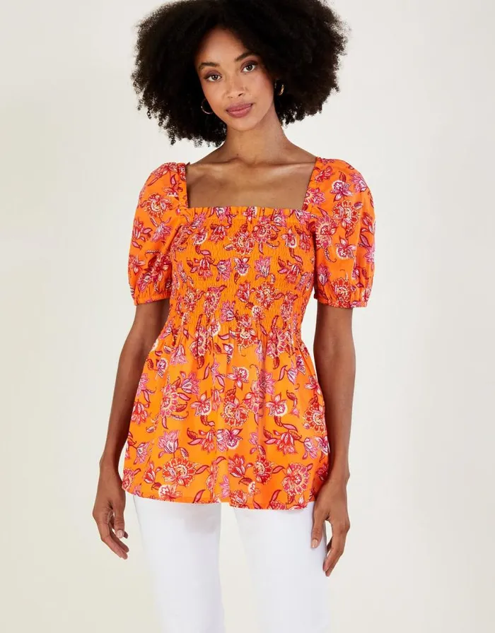 Monsoon Floral Print Shirred Bodice Top In Sustainable Cotton Orange Women Tops and Blouses Monsoon Floral Print Shirred Bodice Top In Sustainable Cotton Orange Women Tops and Blouses