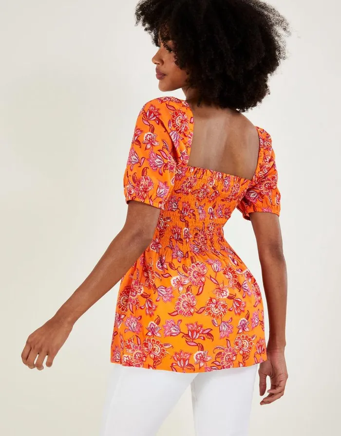 Monsoon Floral Print Shirred Bodice Top In Sustainable Cotton Orange Women Tops and Blouses Monsoon Floral Print Shirred Bodice Top In Sustainable Cotton Orange Women Tops and Blouses