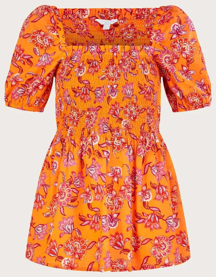 Monsoon Floral Print Shirred Bodice Top In Sustainable Cotton Orange Women Tops and Blouses Monsoon Floral Print Shirred Bodice Top In Sustainable Cotton Orange Women Tops and Blouses
