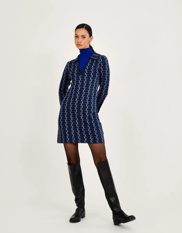 Monsoon Geometric Pattern Collared Dress With Recycled Polyester Blue Women Knitwear