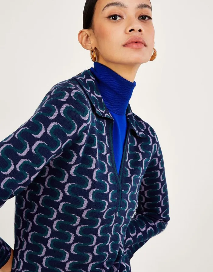 Monsoon Geometric Pattern Collared Dress With Recycled Polyester Blue Women Knitwear Monsoon Geometric Pattern Collared Dress With Recycled Polyester Blue Women Knitwear