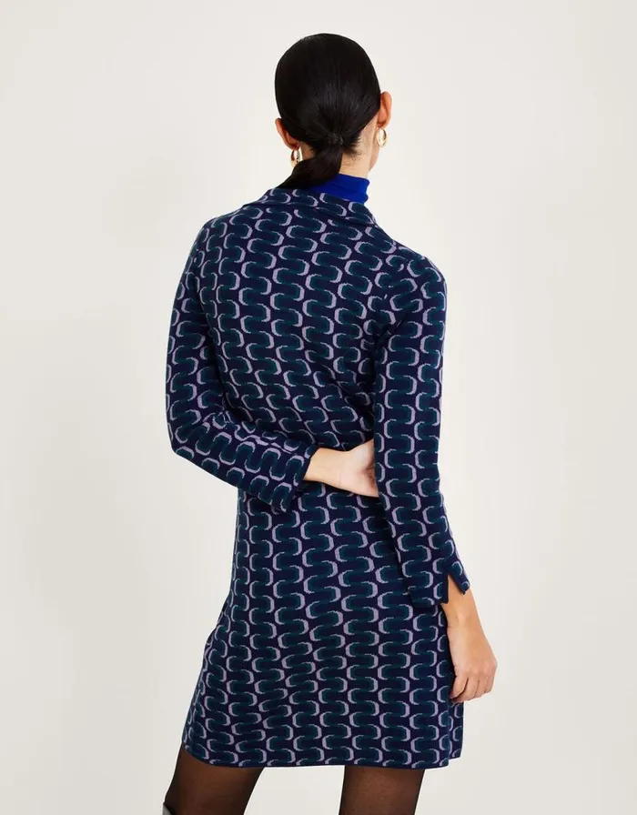 Monsoon Geometric Pattern Collared Dress With Recycled Polyester Blue Women Knitwear Monsoon Geometric Pattern Collared Dress With Recycled Polyester Blue Women Knitwear