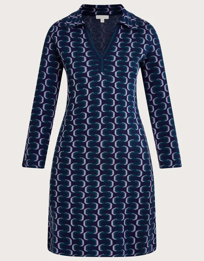 Monsoon Geometric Pattern Collared Dress With Recycled Polyester Blue Women Knitwear Monsoon Geometric Pattern Collared Dress With Recycled Polyester Blue Women Knitwear