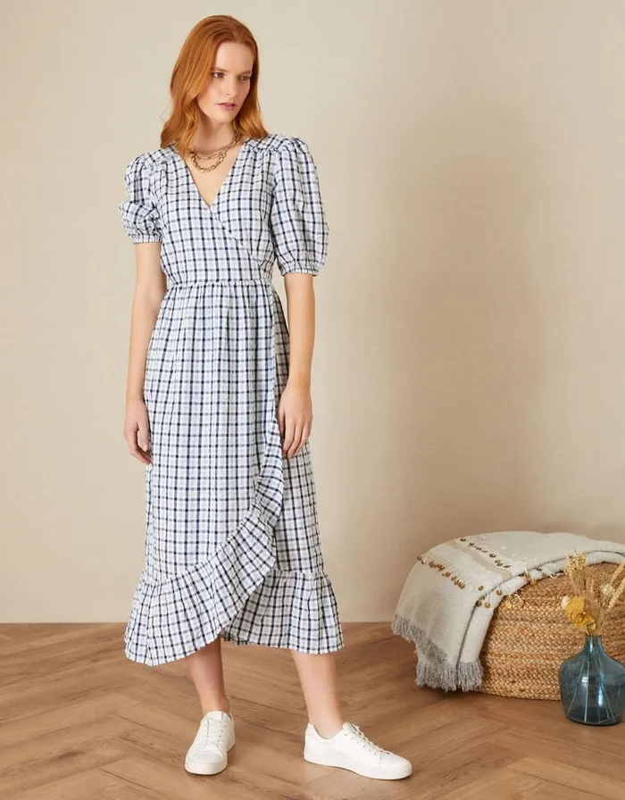 Monsoon Gingham Wrap Dolly Dress Blue Women Casualwear