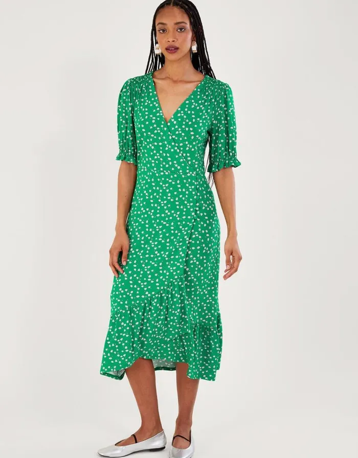Monsoon Hattie Spot Wrap Dress Green Women Midi Dresses