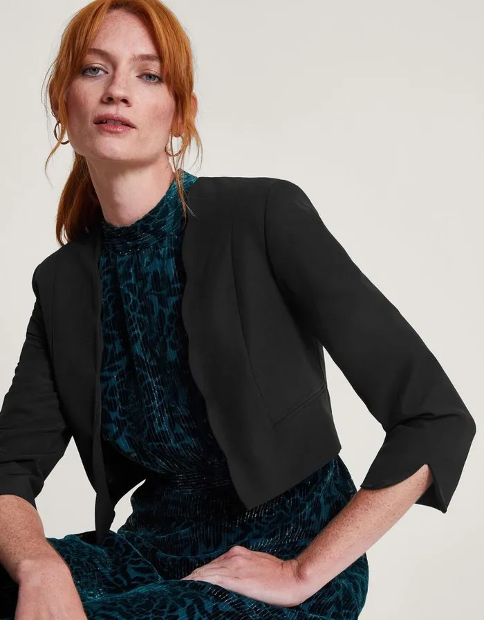 Monsoon Hortensia Scallop Crop Jacket Black Women Occasionwear