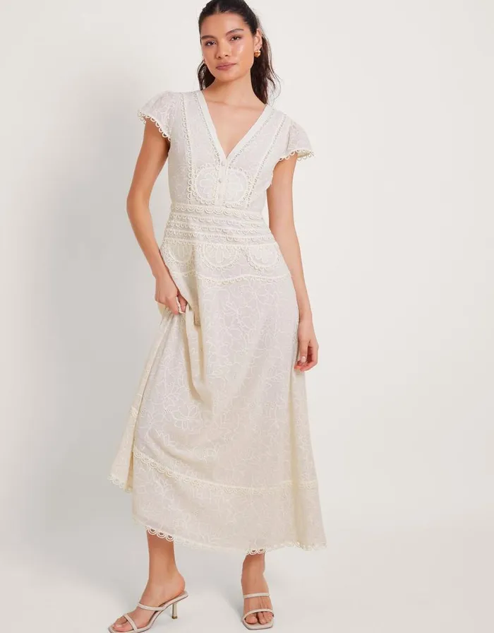 Monsoon Irene Broderie Dress Cream Women Occasion Dresses