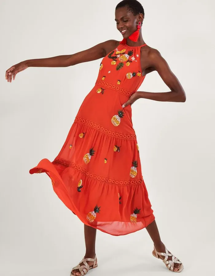 Monsoon Isabel Embellished Tiered Midi Dress In Recycled Polyester Orange Women Occasionwear Monsoon Isabel Embellished Tiered Midi Dress In Recycled Polyester Orange Women Occasionwear