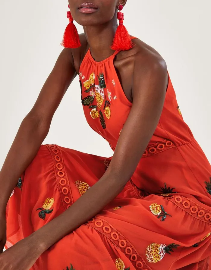 Monsoon Isabel Embellished Tiered Midi Dress In Recycled Polyester Orange Women Occasionwear Monsoon Isabel Embellished Tiered Midi Dress In Recycled Polyester Orange Women Occasionwear