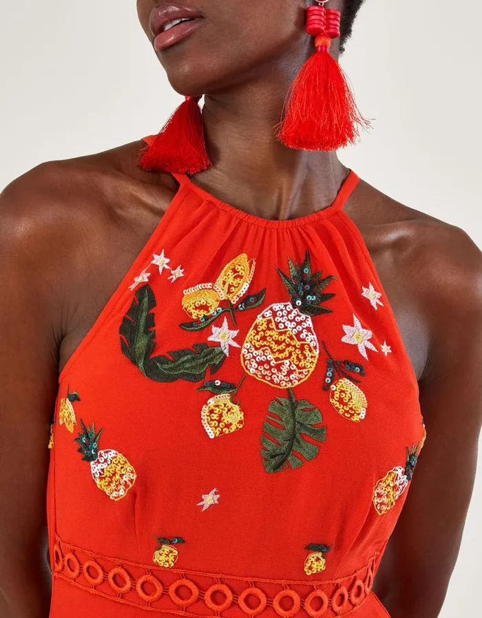 Monsoon Isabel Embellished Tiered Midi Dress In Recycled Polyester Orange Women Occasionwear Monsoon Isabel Embellished Tiered Midi Dress In Recycled Polyester Orange Women Occasionwear