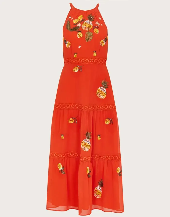 Monsoon Isabel Embellished Tiered Midi Dress In Recycled Polyester Orange Women Occasionwear Monsoon Isabel Embellished Tiered Midi Dress In Recycled Polyester Orange Women Occasionwear