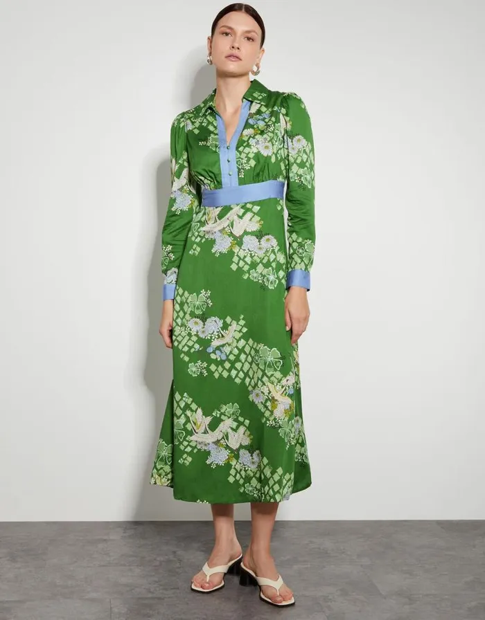 Monsoon Jennifer Long Sleeve Floral Print Midi Dress Green Women Day Dresses