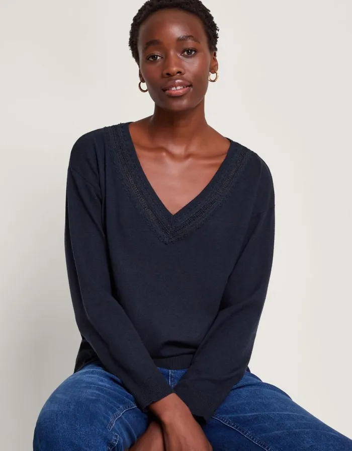Monsoon Leah Lace Jumper Blue Women Knitwear