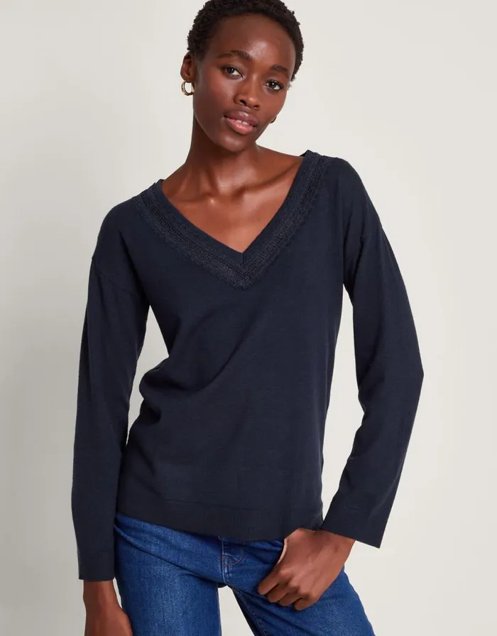 Monsoon Leah Lace Jumper Blue Women Knitwear Monsoon Leah Lace Jumper Blue Women Knitwear