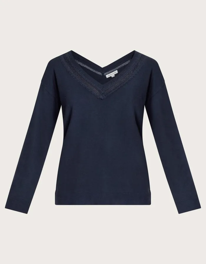 Monsoon Leah Lace Jumper Blue Women Knitwear Monsoon Leah Lace Jumper Blue Women Knitwear