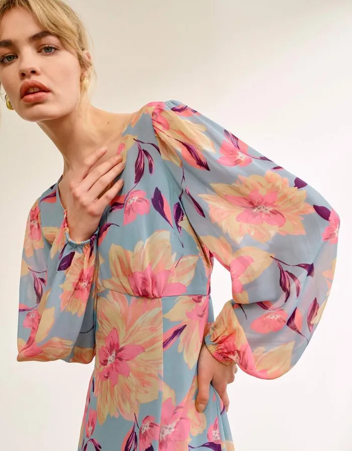 Monsoon Lilith Floral Print Dress Blue Women Occasion Dresses