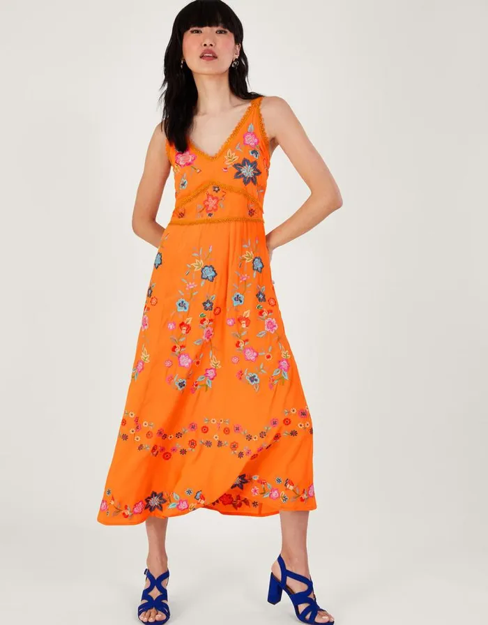 Monsoon Liyana Embroidered Floral Cami Dress In Sustainable Viscose Orange Women Occasionwear Monsoon Liyana Embroidered Floral Cami Dress In Sustainable Viscose Orange Women Occasionwear