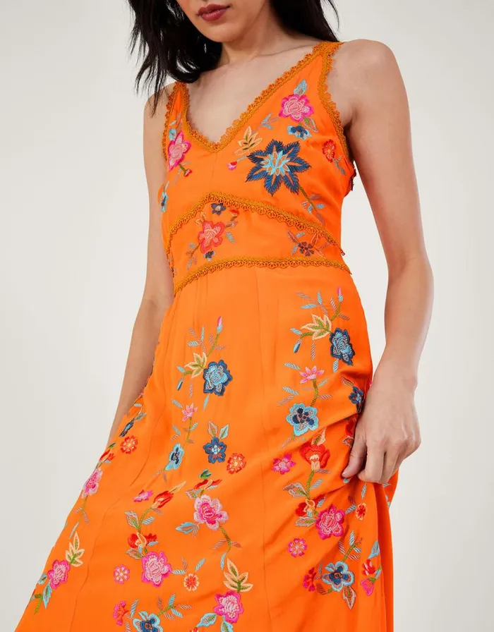 Monsoon Liyana Embroidered Floral Cami Dress In Sustainable Viscose Orange Women Occasionwear Monsoon Liyana Embroidered Floral Cami Dress In Sustainable Viscose Orange Women Occasionwear