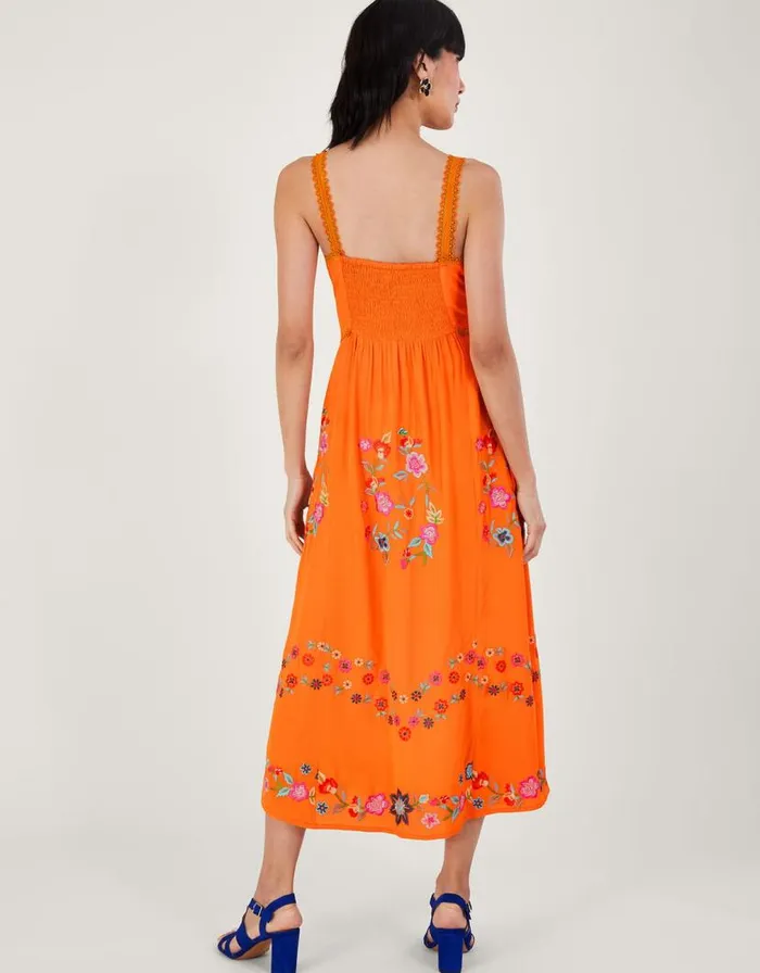 Monsoon Liyana Embroidered Floral Cami Dress In Sustainable Viscose Orange Women Occasionwear Monsoon Liyana Embroidered Floral Cami Dress In Sustainable Viscose Orange Women Occasionwear
