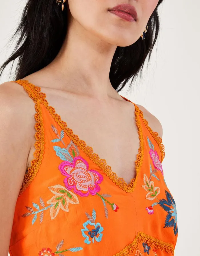 Monsoon Liyana Embroidered Floral Cami Dress In Sustainable Viscose Orange Women Occasionwear Monsoon Liyana Embroidered Floral Cami Dress In Sustainable Viscose Orange Women Occasionwear