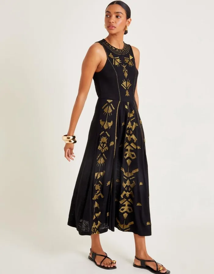 Monsoon Mimi Metallic Embroidered Midi Dress Black Women Midi Dresses