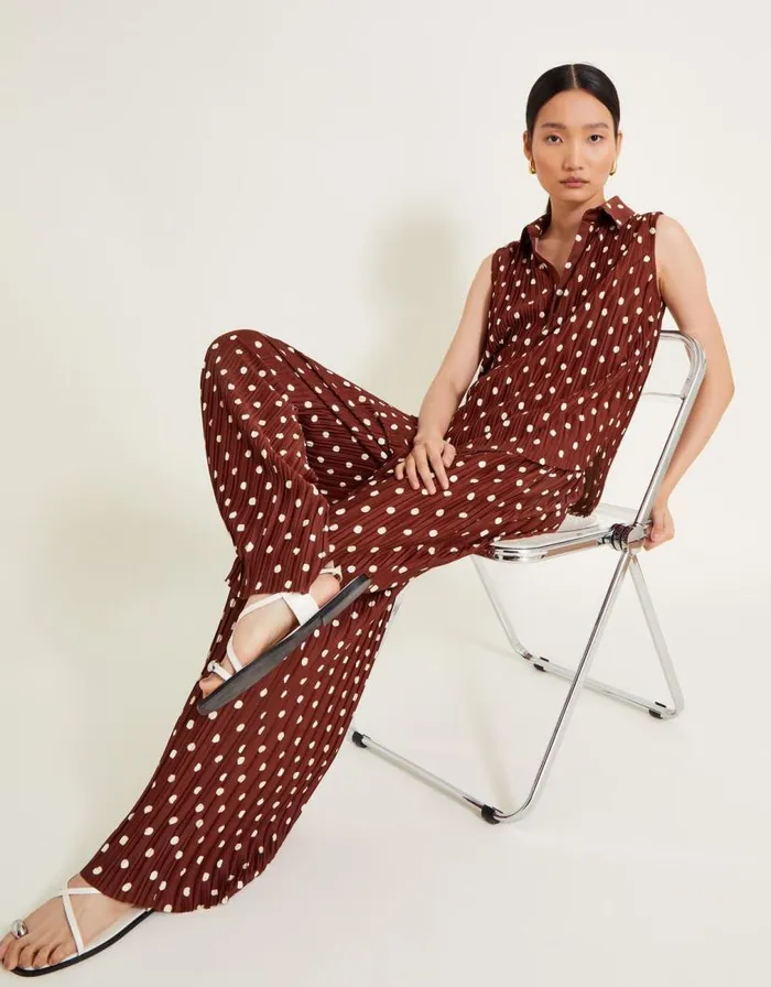 Monsoon Paris Spot Plisse Trousers Brown Women Casualwear
