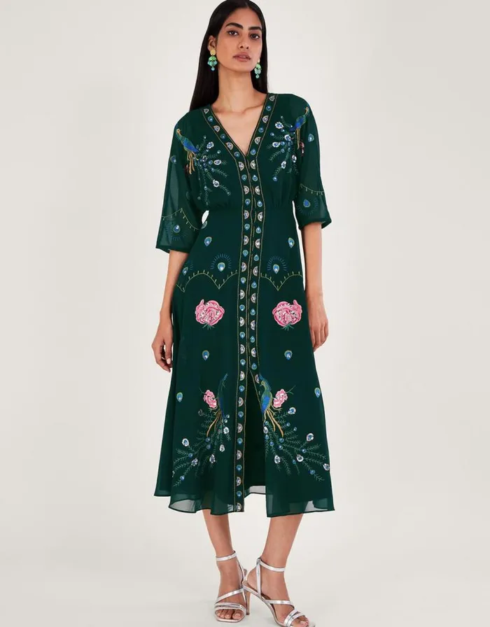 Monsoon Perla Embellished Tea Dress Green Women Occasionwear