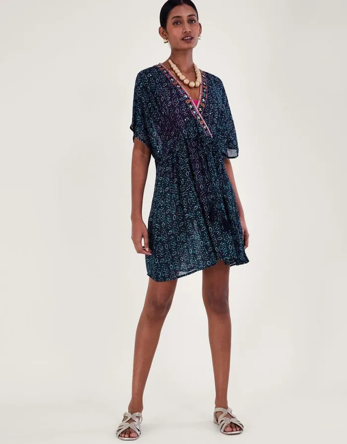 Monsoon Print Embroidered Kaftan Blue Women Beachwear and Swimwear