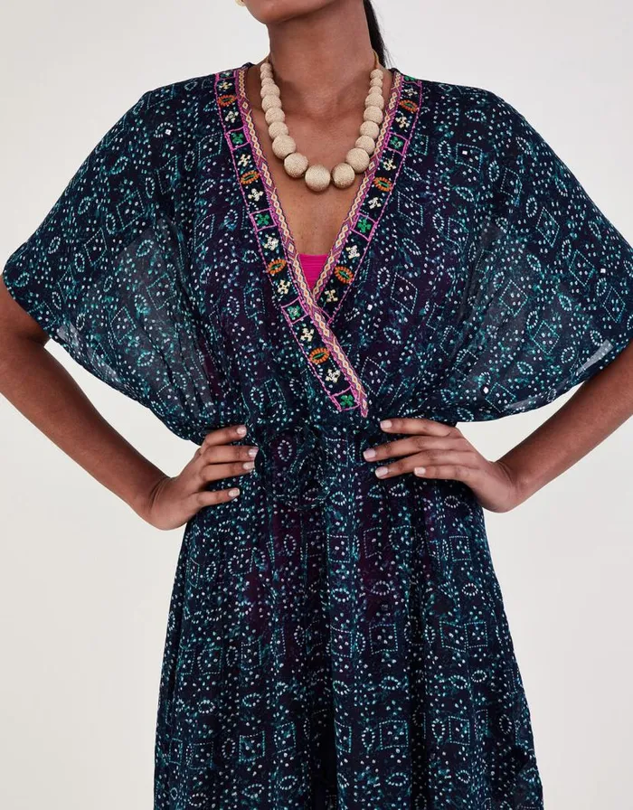 Monsoon Print Embroidered Kaftan Blue Women Beachwear and Swimwear Monsoon Print Embroidered Kaftan Blue Women Beachwear and Swimwear