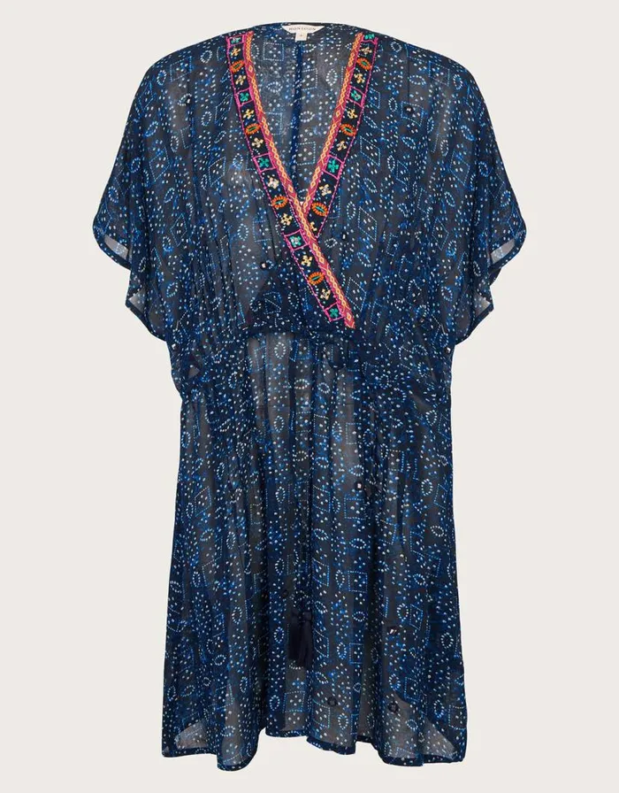 Monsoon Print Embroidered Kaftan Blue Women Beachwear and Swimwear Monsoon Print Embroidered Kaftan Blue Women Beachwear and Swimwear