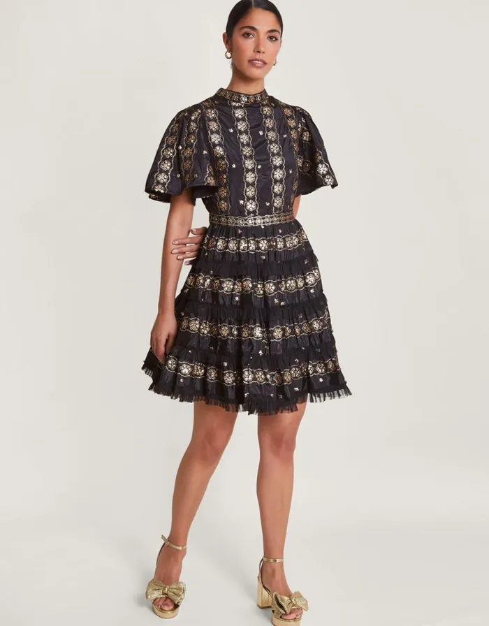 Monsoon Raelyn Embellished Ruffle Dress Black Women Occasionwear