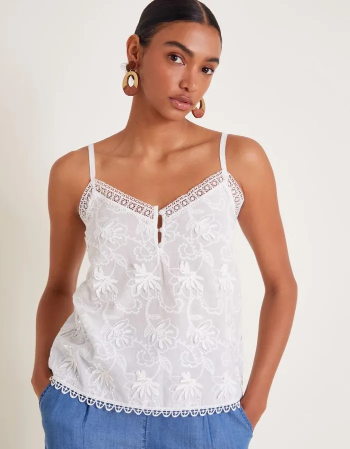 Monsoon Rosie Embroidered Cami Top White Women Tops and Blouses