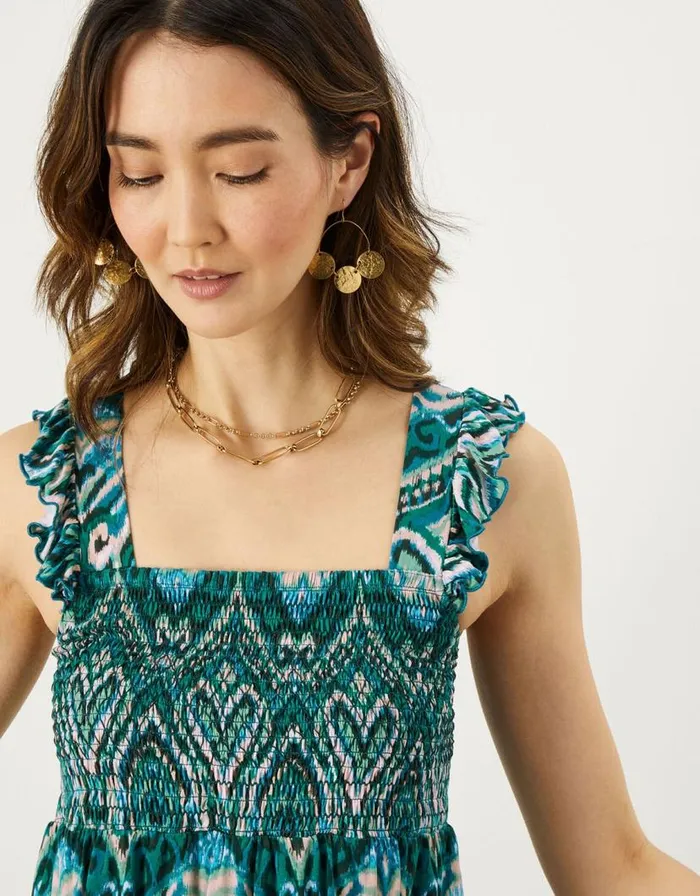 Monsoon Shirred Panel Aztec Print Jersey Top Teal Women Tops and Blouses Monsoon Shirred Panel Aztec Print Jersey Top Teal Women Tops and Blouses