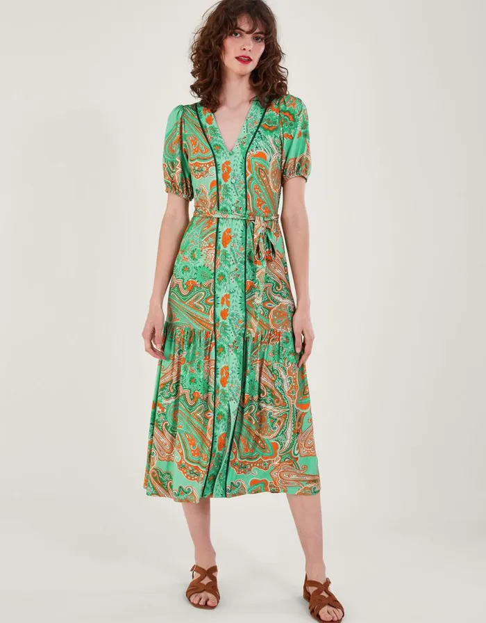 Monsoon Skye Scarf Print Dress Green Women Midi Dresses